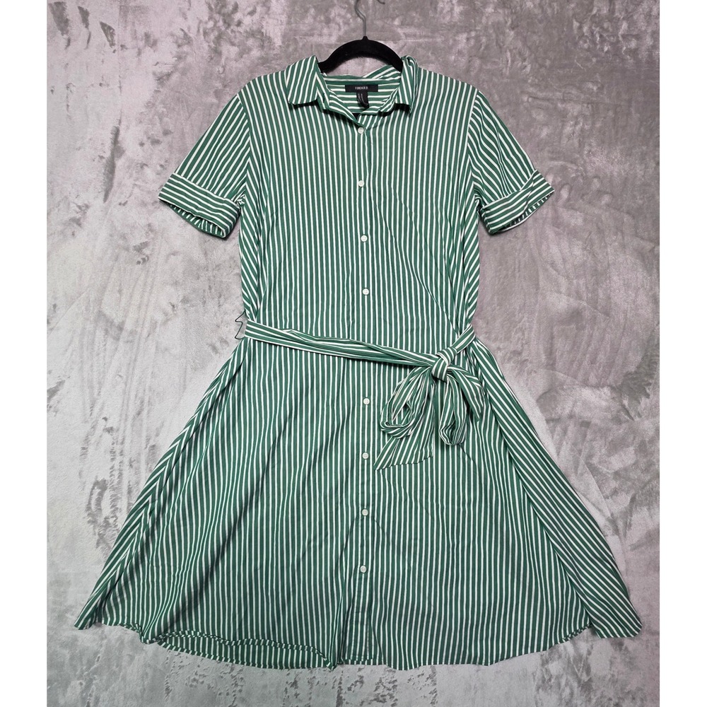 Forever 21 Green White Striped Shirt Dress Short Sleeve Belted Midi Womens M